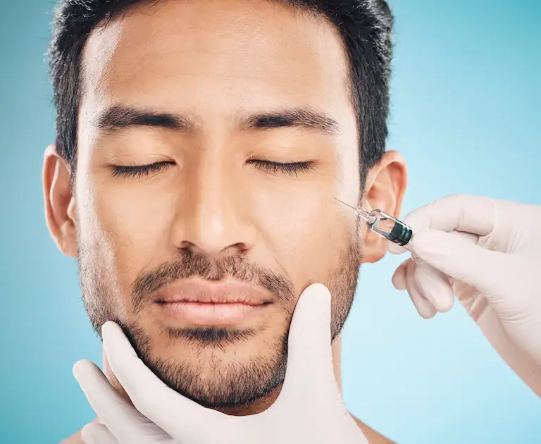Injection esthétique sur le visage d’un homme